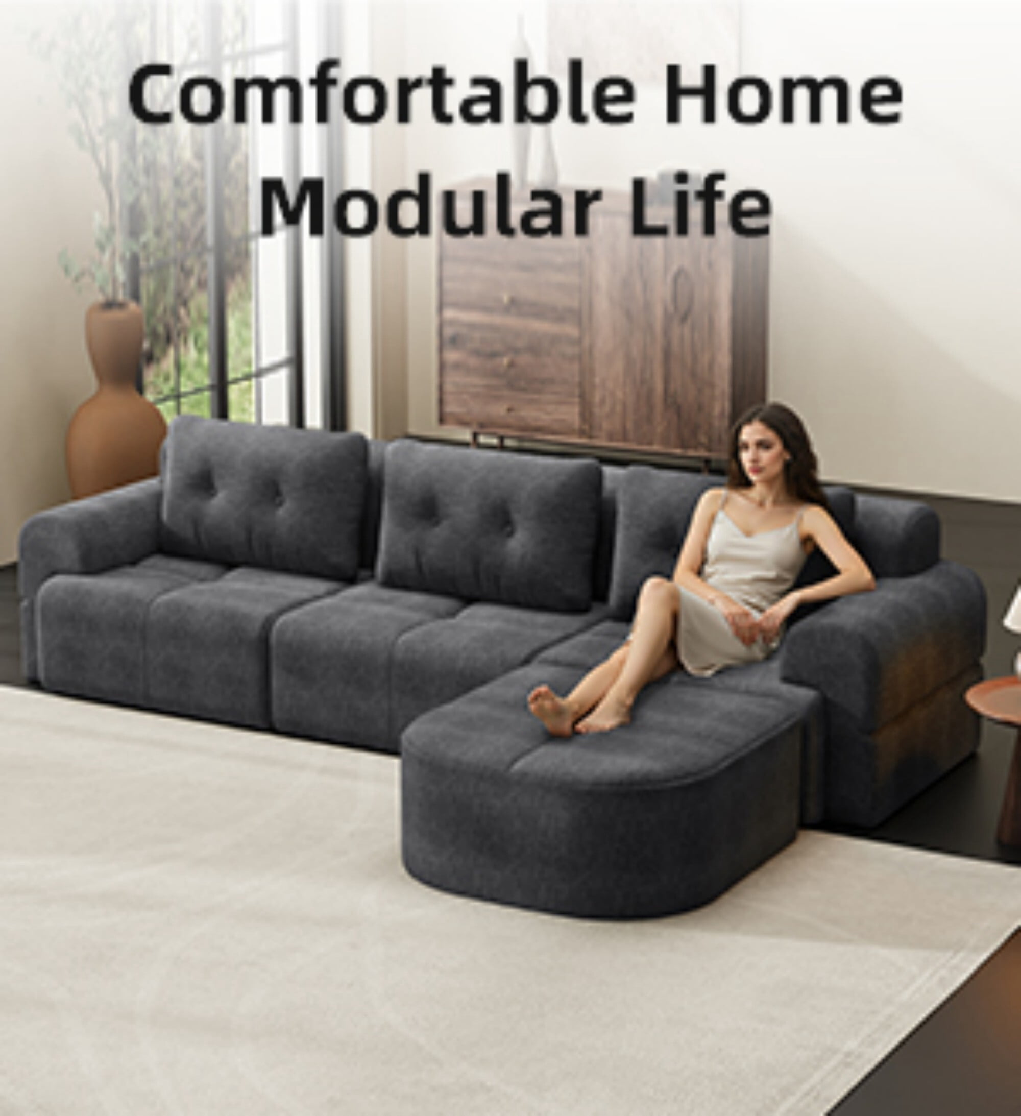 DEALTOPS 112" Modular Sectional Sofa with Ottoman, Full-Foam 3-Seat Convertible Chenille Cloud Couch, Gray