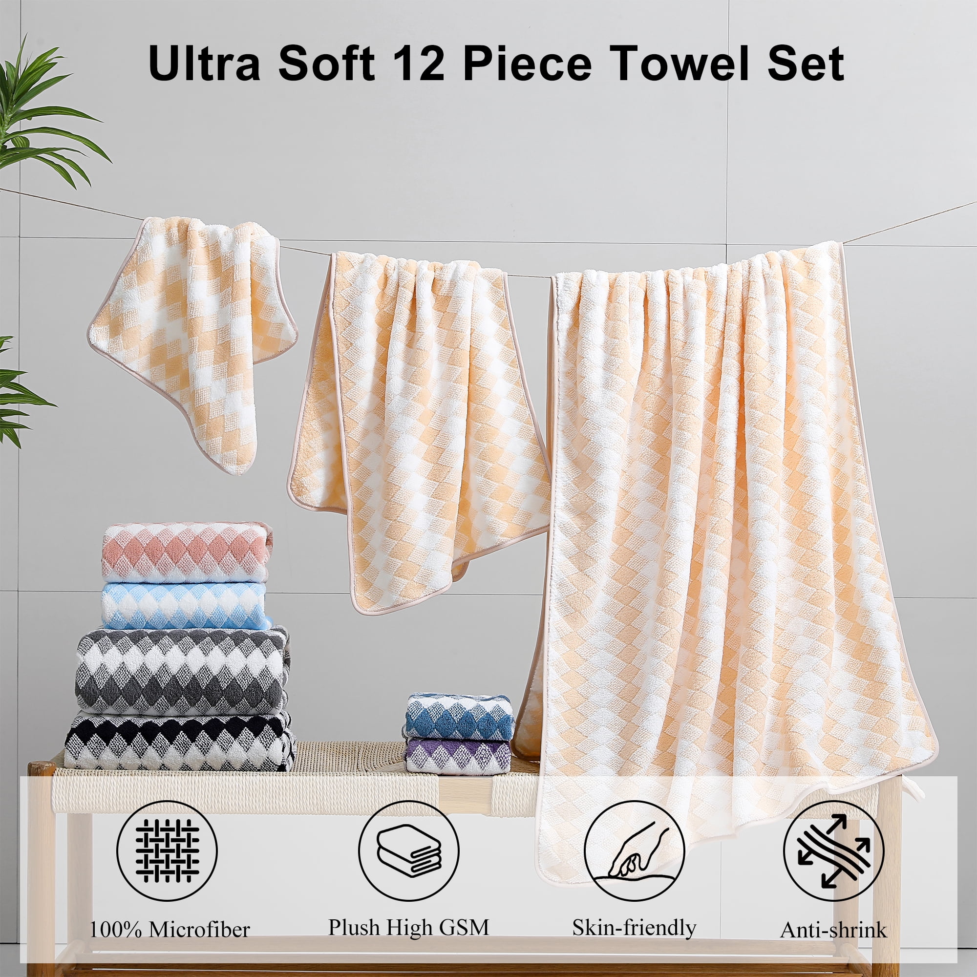 Jessy Home 12 Piece Apricot Yellow Towel Set Soft Bath Towel for Bathroom-4 Bath Towels, 4 Hand Towels, 4 Washcloths Highly Absorbent Bath Sheet for Hotel & Spa