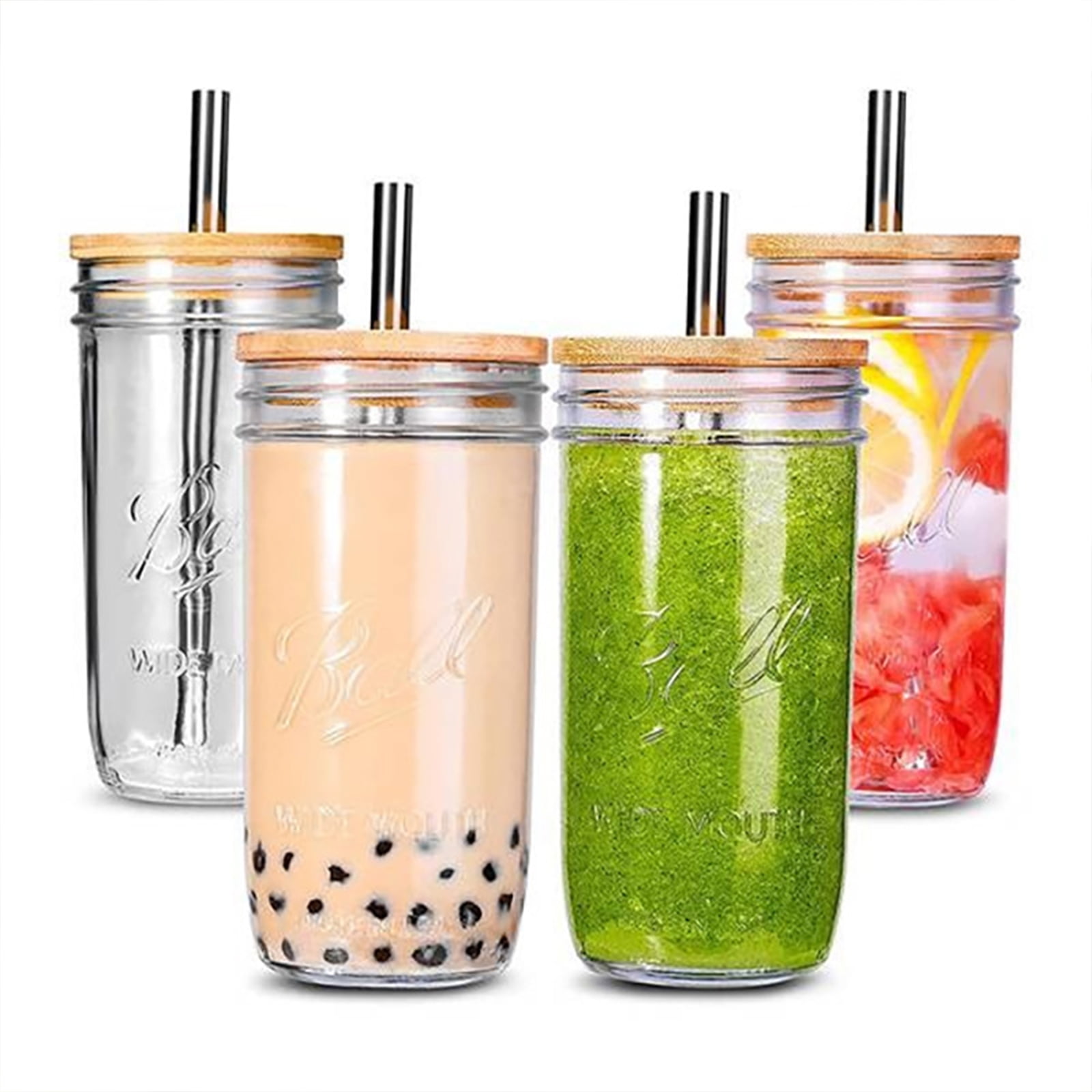 Reusable Boba Cup Bubble Tea Cup , 18oz Wide Mason Jar with Bamboo Lid and Straw Glass Smoothie Cups Travel Tumbler for Iced Coffee Large Pearl Juices