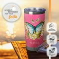thumbnail image 4 of Christian Art Gifts Large Stainless Steel Double Wall Vacuum Insulated Butterfly Pink Travel Mug Tumbler for Women: Be Still Inspirational SCripture, BPA Free Multicolor Floral, Retractable Lid, 18 oz, 4 of 7