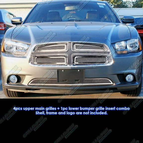 APS Compatible with Dodge Charger 2011-2014 Main Upper Lower Bumper Stainless Steel Chrome Mesh Front Grill Grille Insert Combo D71108T
