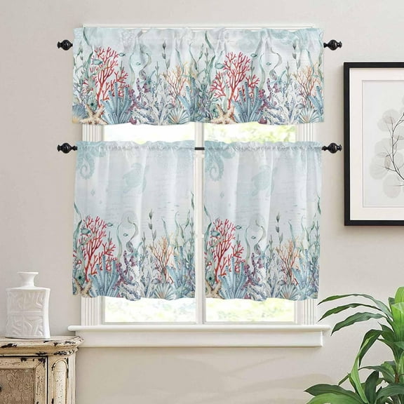 Kitchen Curtains Set, Coastal Coral Kitchen Curtains and Valances Set, Sea Nautical Starfish Shell Ocean Beach Rod Pocket Tier Curtains 36 Inch Length for Cafe/Bedroom Windows