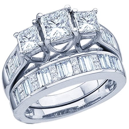 14K White Gold 1.0CT Princess & Round Cut Diamond 3-Stone Bridal Set Ring