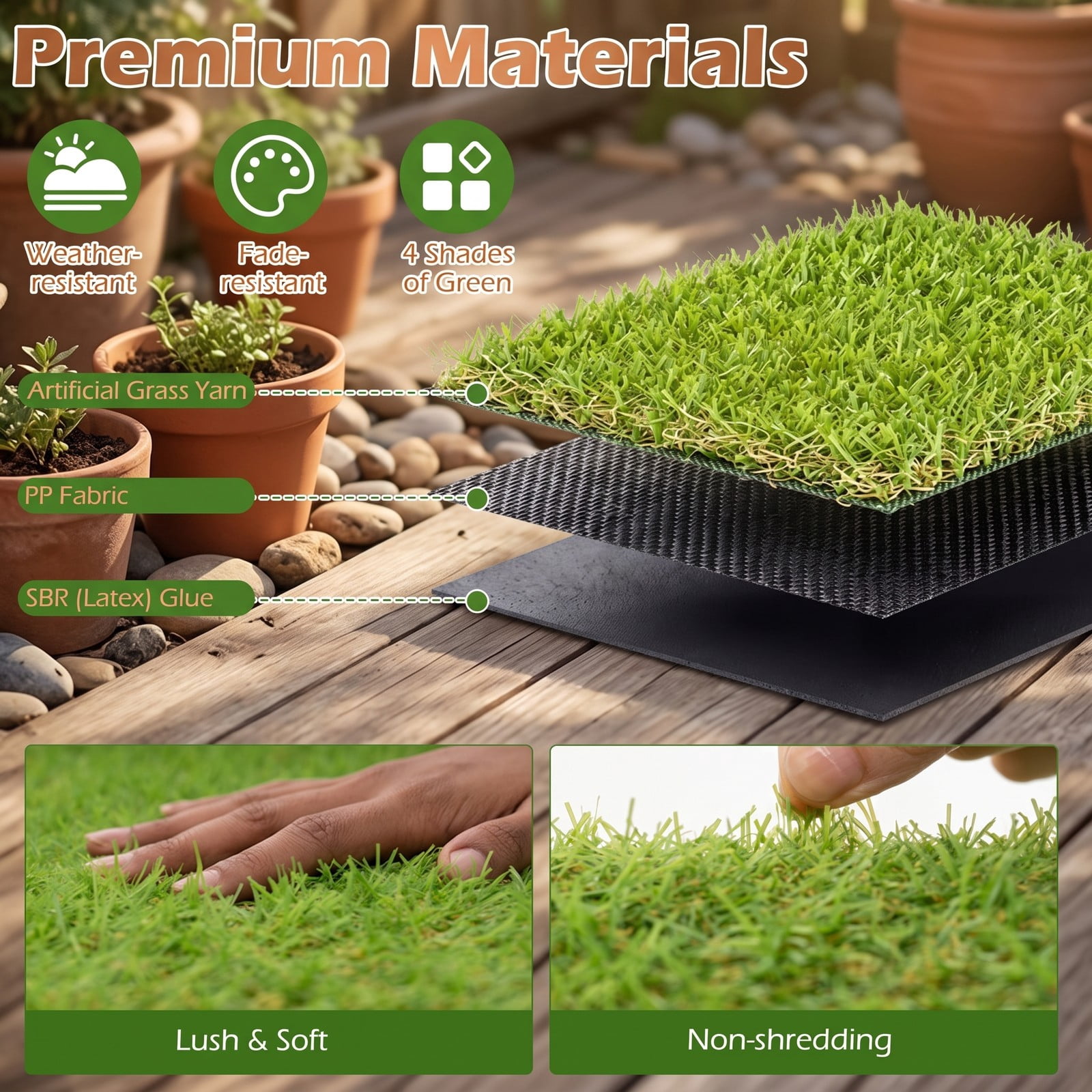 ALPULON 15 x 7 FT Artificial Turf Grass Rug, Realistic Synthetic Lawn Mat with Low 0.75 Inch Pile Height and Drainage Holes for Balcony Backyard Patio Pet Dog, Green