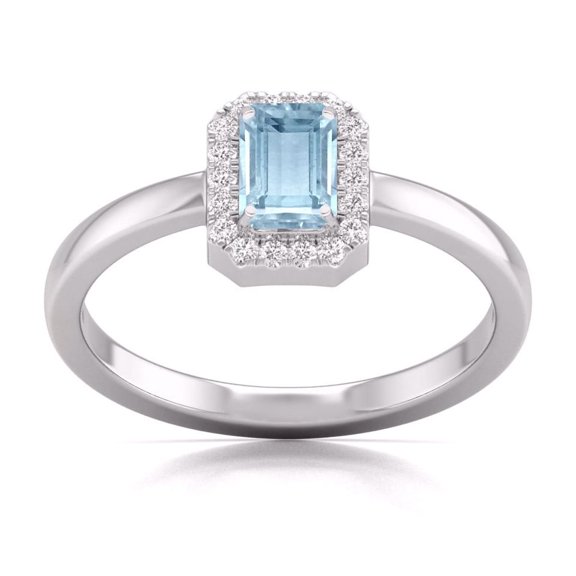 TimeLe$$ Classics Round and Emerald Cut Natural Aquamarine Gemstone Ring in 14K White Gold (Size: 4.5)