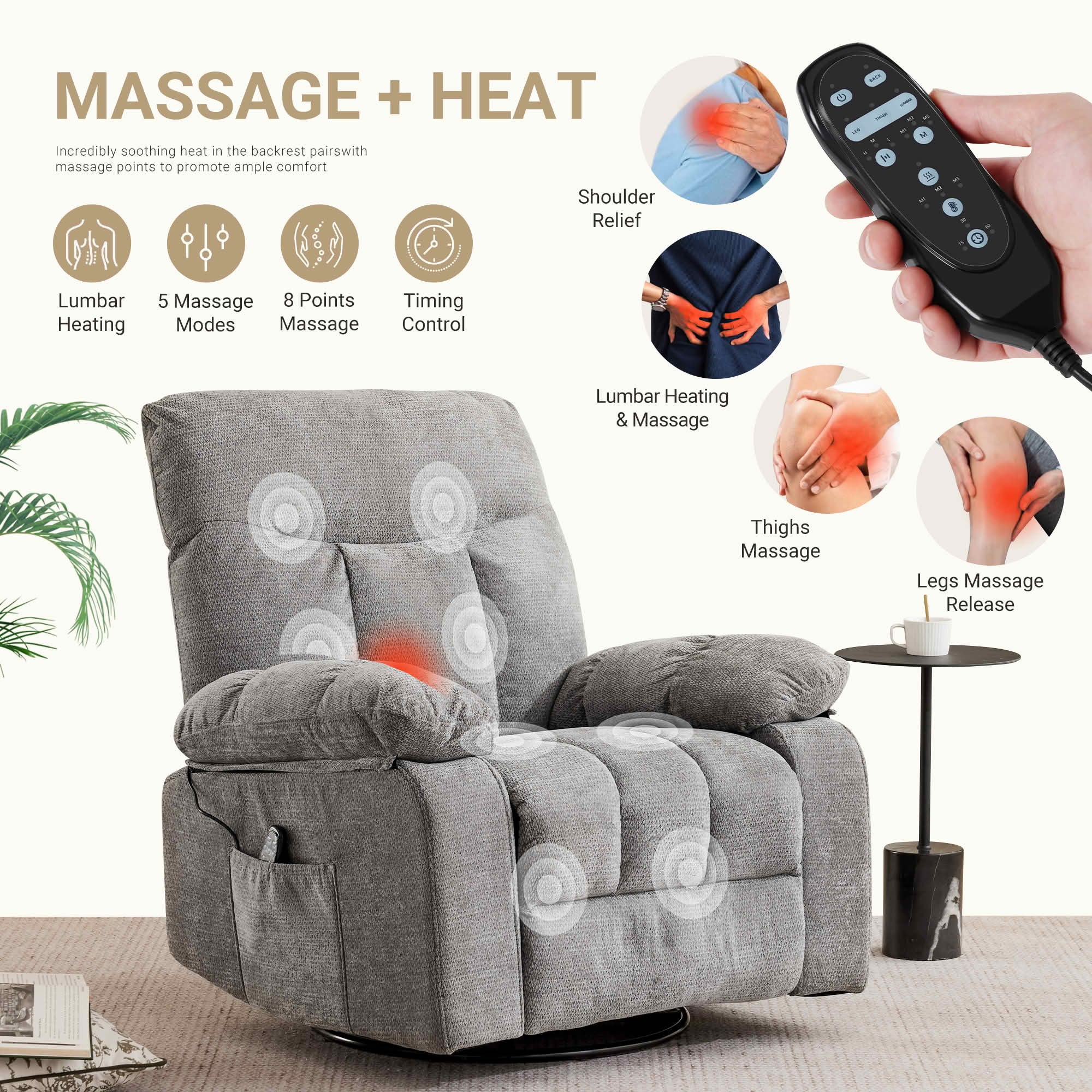 MAYEERTY Ergonomic Adjustable Rocking Rotating Lounge Chair, Vibration Massage Recliner with Lumbar Heating, Chenille Fabric High Load‑Bearing Leisure Chair for Home Use