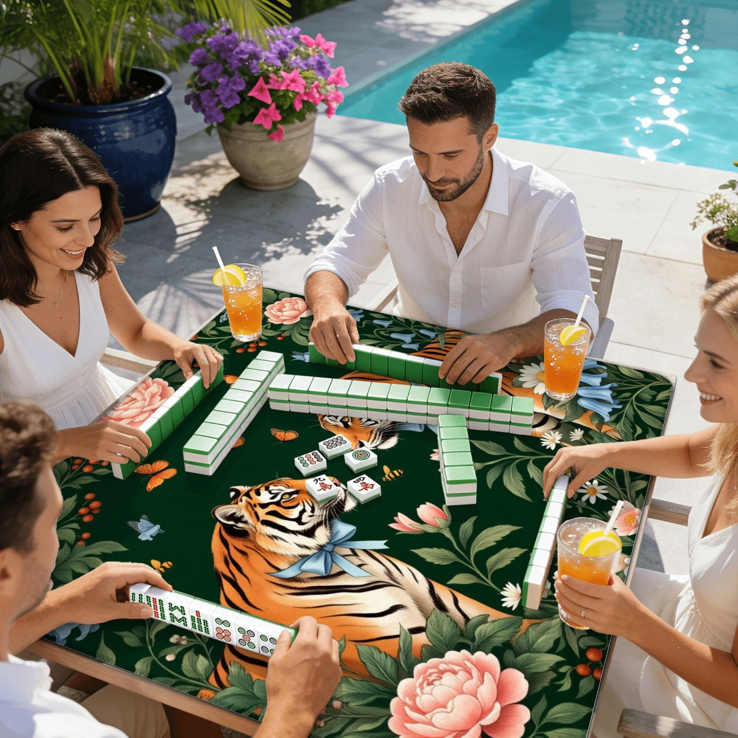 Mahjong Mat 31.5" x 31.5" Pair Tigers Blue Bows Surrounded by Colorful Flowers Butterflies Non-Slip Noise Reduction American Mahjong Tiles Table Cover for Dominoes Poker Card Board Games Gift