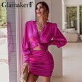 Glamaker Sexy women v neck bodycon dresses Party club hollow out mini dress Elegant spring chic lantern sleeve satin vestidosS Gao Jinjia LED
