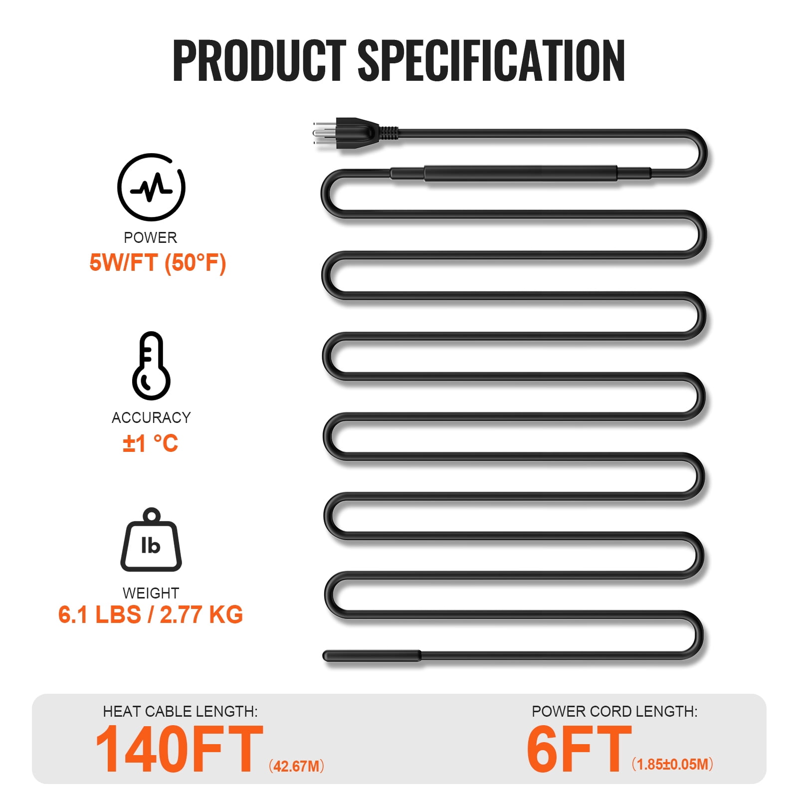 KFFKFF Self-Regulating Heating Cable for Pipes, 140FT 5W/FT Heat Tape for Freeze Protection, Roof Snow Melting, and Gutter De-icing
