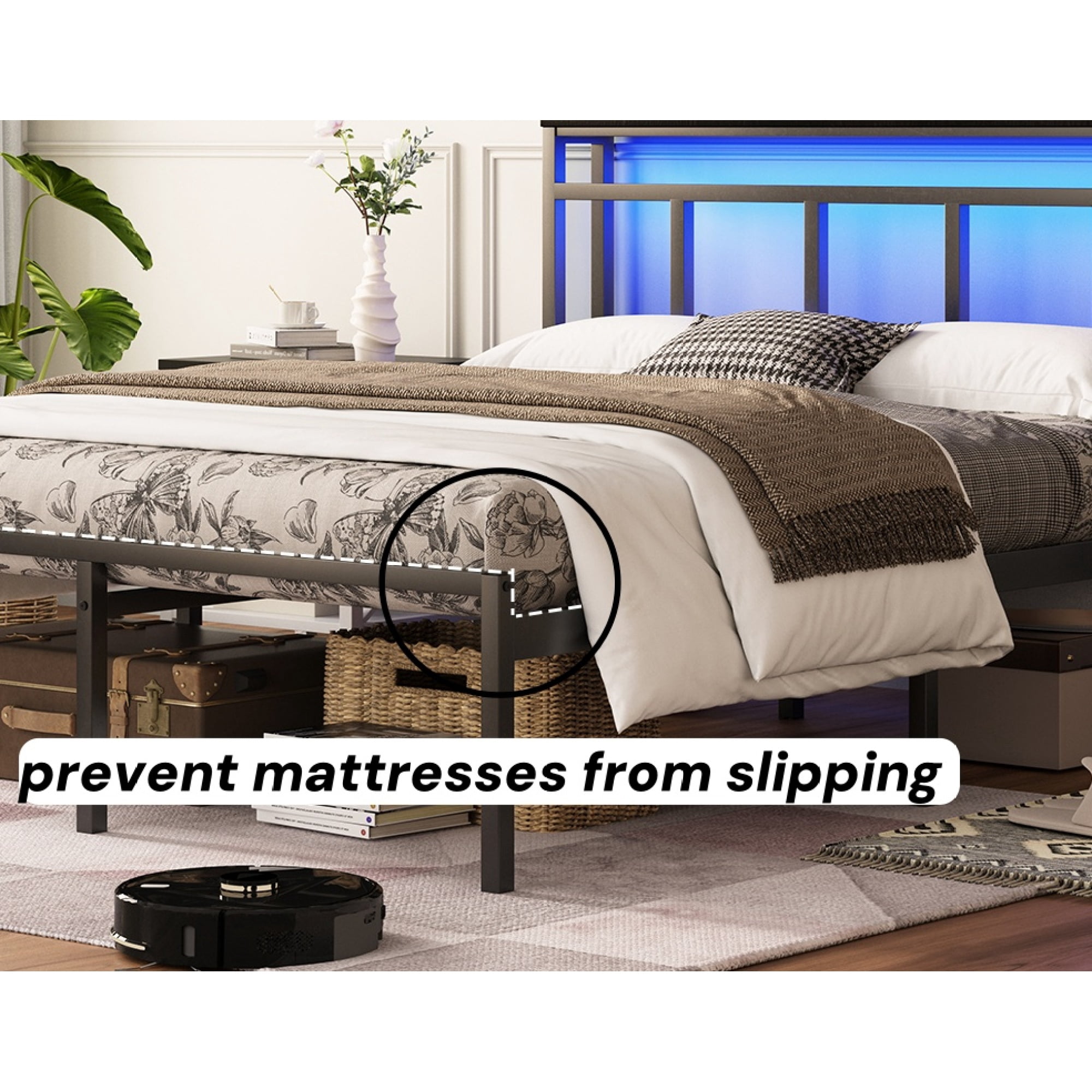 Leumius Queen Size Bed Frame with Storage Headboard, Metal Platform Bed Frame with USB-C,Type-C and LED Light for Teens and Adults Black