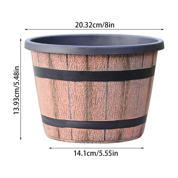 Retro Wood Barrel Planter with Drainage Holes, Large Plastic Flower Pot for Indoor Outdoor Plants, Rustic Garden Container for Patio, 8 x 5.48 Inch