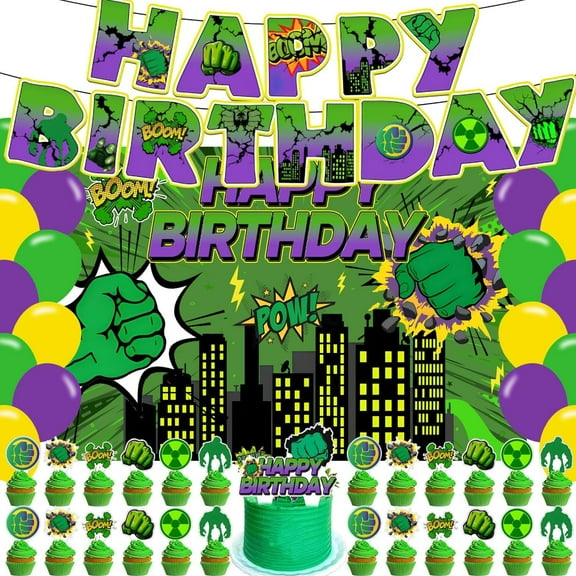 Green Hero Birthday Party Supplies,Super Green Hero Party Decorations Include Backdrop Banner Cake Topper Party Ballons for Cartoon Super Heros Party