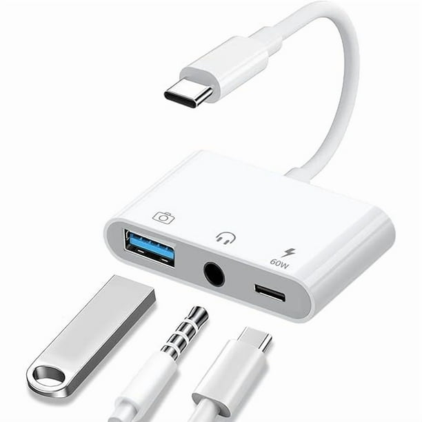 wonima11 Aux to USB C to USB Adapter, 3-in-1 USB OTG Adapter with USB C to 3.5mm Audio Adapter and 60W PD Fast Charging Port, Compatible with iPhone15/16/17, iPadPro, MacBook, Galaxy S23 and More