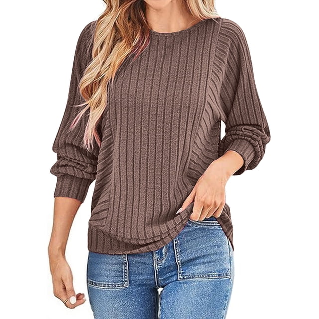 sageysalite Long Sleeve Tops for Women Ribbed Knitted Crew Neck Pullover Casual Lightweight Loose Loungewear Fall Winter Tops