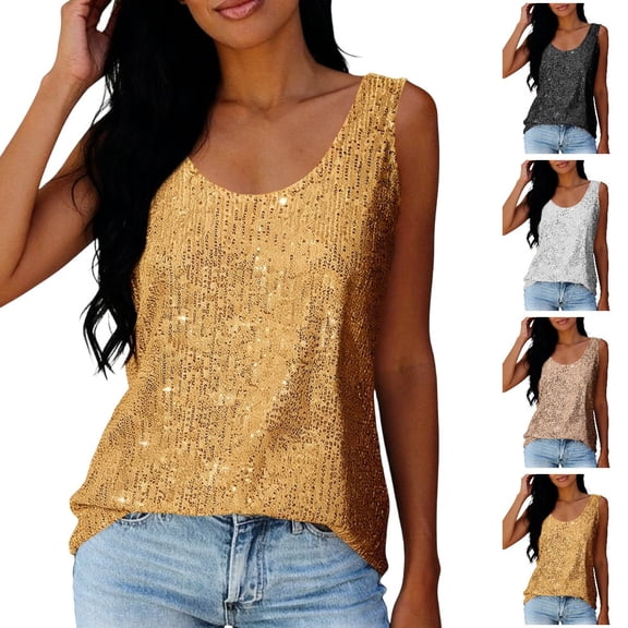 GPOECD Dressy Tank Tops for Women Neck Sleeveless Top with Shiny Details for Parties and Night Out Camisoles for Women Gold,L