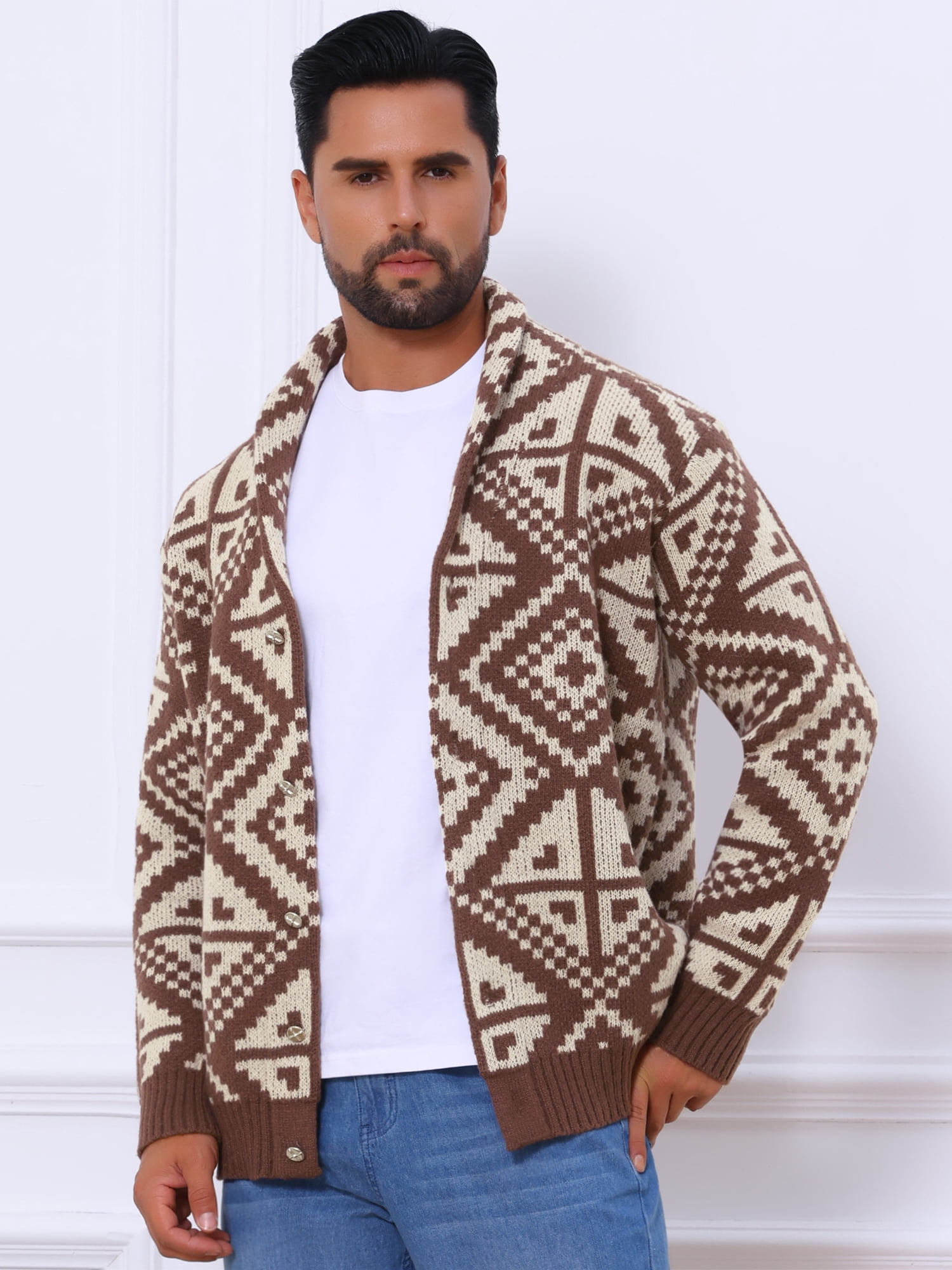 DARING DIVA Men's Shawl Collar Long Sleeved Knitwear Cardigan Sweater 2XL Brown