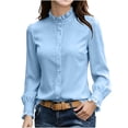 thumbnail image 2 of IUYRTFE Women's Stand Collar Ruffle Trim Blouse Long Sleeve Button Down Solid Color Office Work Shirt, 2 of 5