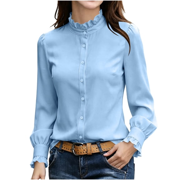 Dpjklzsn Women's Viscose Ruffle Collar Blouse, Long Sleeve Button Front Office Shirt with Ruffle Cuffs