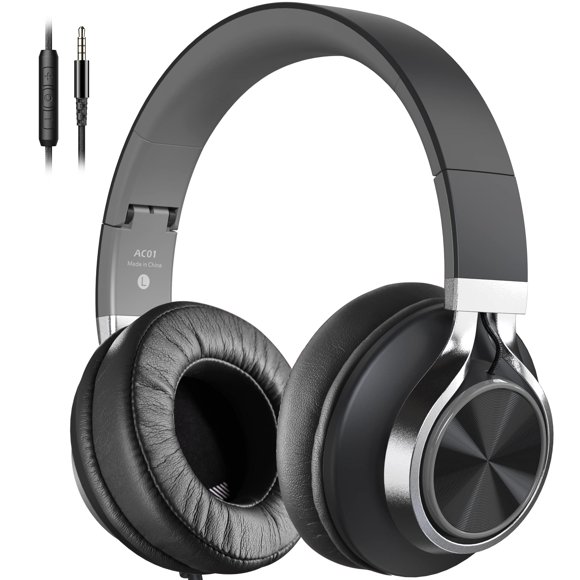 Auriculares COOSII AC01 con cable para colocar sobre las orejas y micrófono, negro y gris