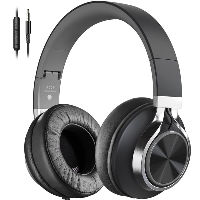 Auriculares COOSII AC01 con cable para colocar sobre las orejas y micrófono, negro y gris