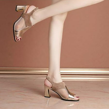 

Cathalem Sandals for Bunions Women Leather Stitching Sandals Female Thick With Hollow Mesh High Heel Women s Leather Sandals Gold 7.5