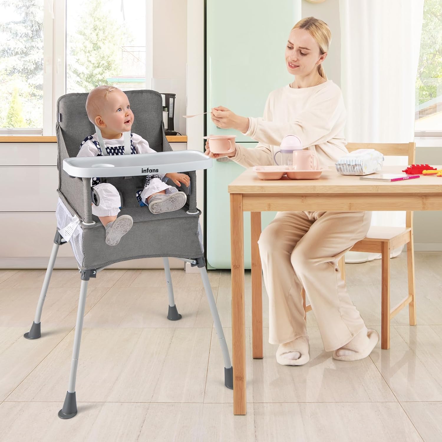 INFANS Baby High Chair, Foldable Portable Highchair for Babies and Toddlers with Travel Bag Adjustable Tray, 5 Point Harness, Compact Space Saver Infant Feeding Chair for Age 6-36 Months