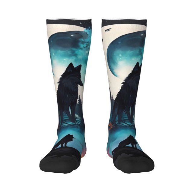 Fotbe Artistic Moon Valley Wolf Calcetas Divertidas Estampadas para Hombre y Mujer, Calcetas de Algodón hasta la Rodilla para Caminar, Correr, Enfermería y Embarazo