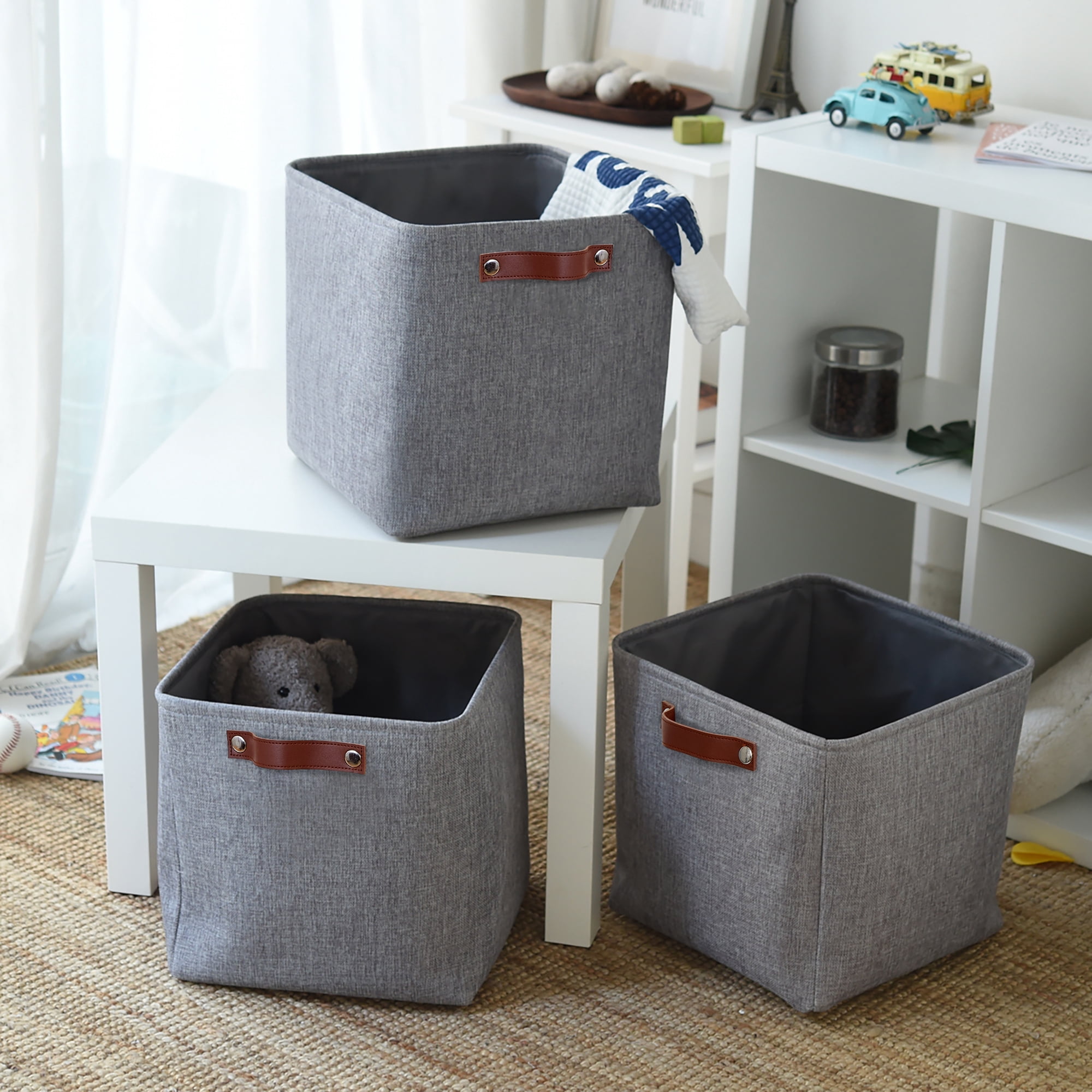 Tegance 13x13 Storage Cubes Baskets 4 Pack Fabric Cube Storage Bins Large Storage Baskets with Leather Handles,Decorative Storage Boxes for Organizing Shelves(Grey)