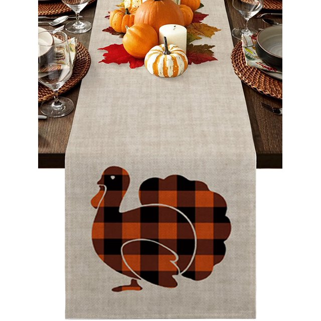 Give Thanks Table Runner 72 Inches Long Washable Burlap Linen Tabletop Collection for Dining Room Party Dinner Holidays Pumpkin Turkey
