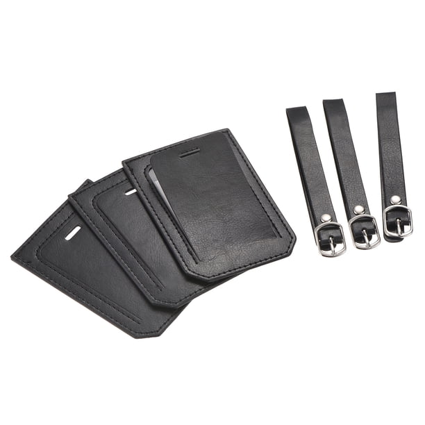 Equipaje Etiqueta PU Soportes 10x7cm Equipaje Etiqueta Identificador con Correas para Mochila Viaje Bolso Maleta Negro Paquete de 3