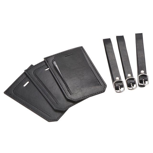 Equipaje Etiqueta PU Soportes 10x7cm Equipaje Etiqueta Identificador con Correas para Mochila Viaje Bolso Maleta Negro Paquete de 3