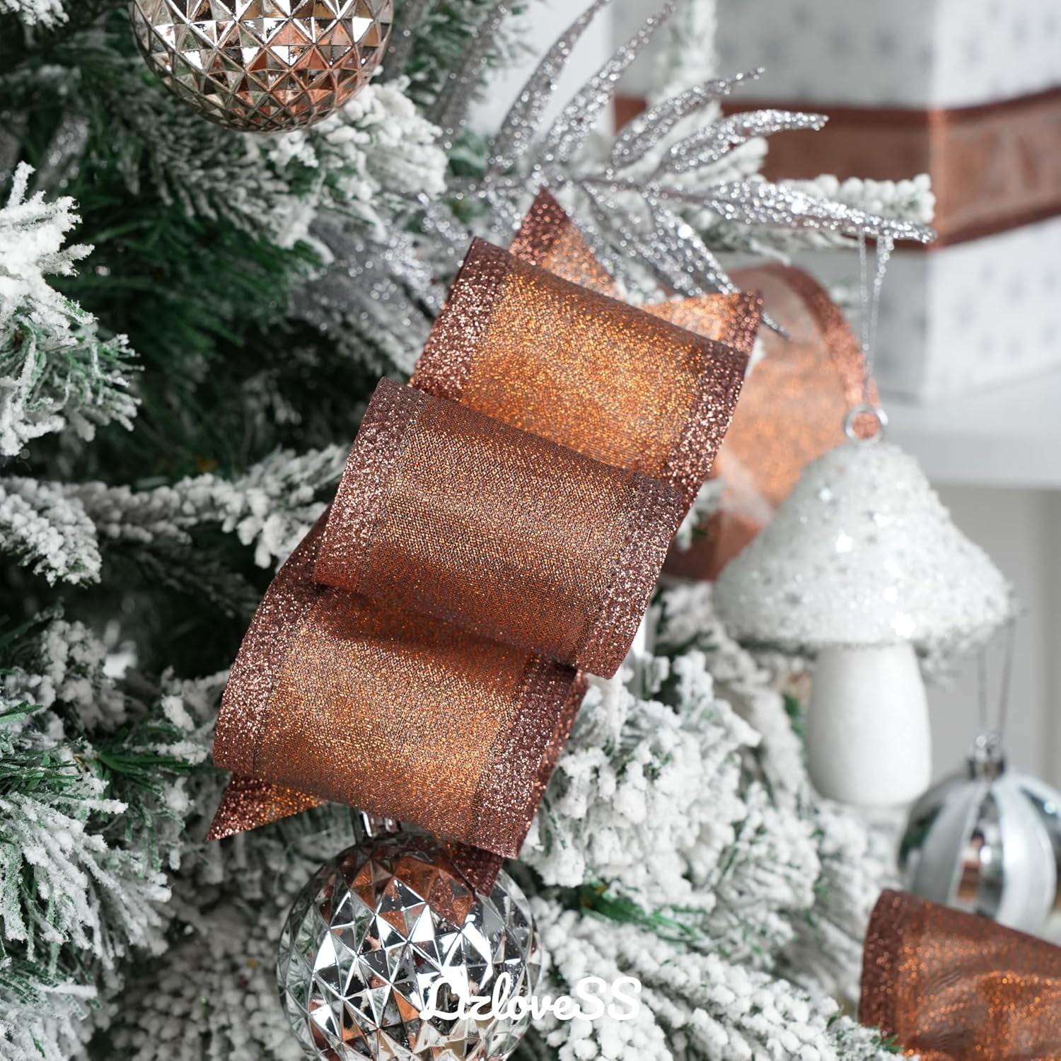 Copper Christmas Ribbon Wired 2.5 Inch Metallic Copper Wired Ribbon with Glitter Stripe, Ribbon for Christmas Tree, Wreaths Supplies, Swag, Garland, Holiday Decor - 10 Yards