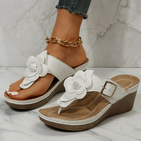 

XGZHPJZP Women‘s Solid Color Thong Sandals Floral Decor Platform Soft Sole Casual Slides Vacation Summer Beach Wedge Slides