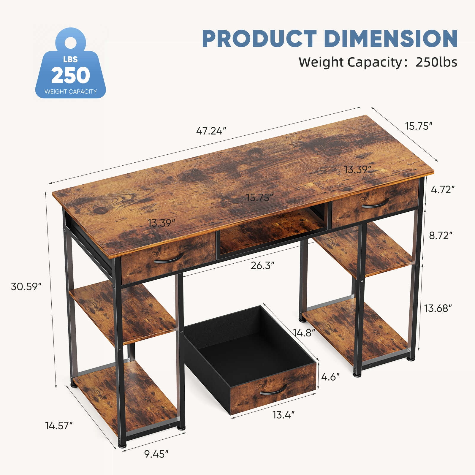 MCQ 48 Inch Desk with 2 Drawers Bedroom Kids Student Vanity Home Office Computer PC Table,Rust Brown