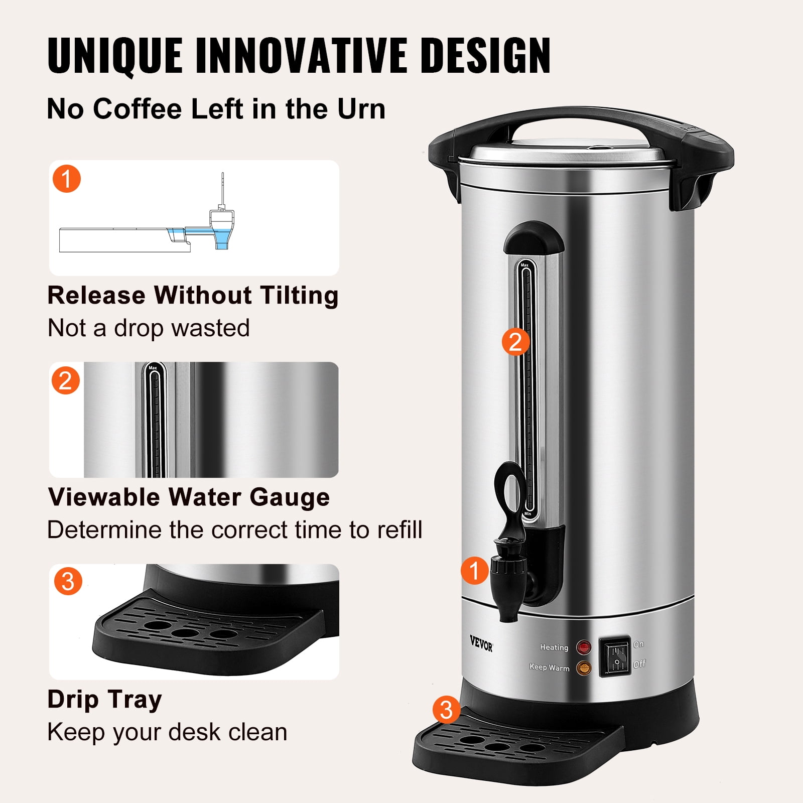 VEVOR Commercial Coffee Urn,110 Cups Stainless Steel Large Coffee Dispenser, 1500W 110V Electric Coffee Maker Urn For Quick Brewing,Hot Water Urn with Detachable Power Cord