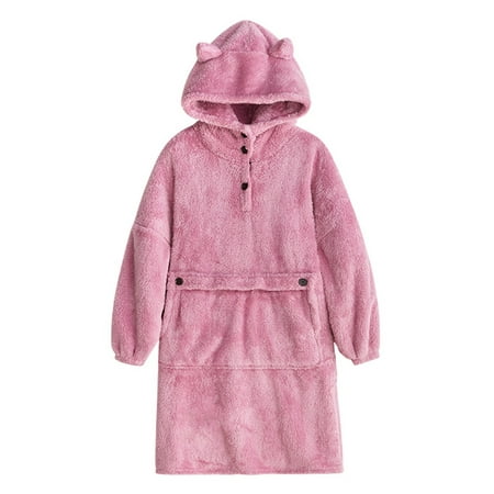 

Men Women Winter Flannel Fleece Long Sleeve Hooded Solid Color Pajama Nightgowns Sleepwear Dress with Pockets