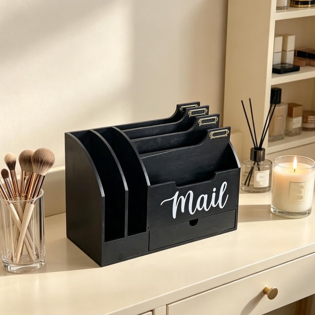 Elodie Desktop Mail Organizer Box Tabletop Letter Holder for Watches Envelopes Pens black