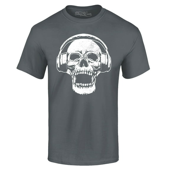 Shop4Ever Men's  DJ Skull Wearing Headphones Graphic T-shirt XXX-Large Charcoal
