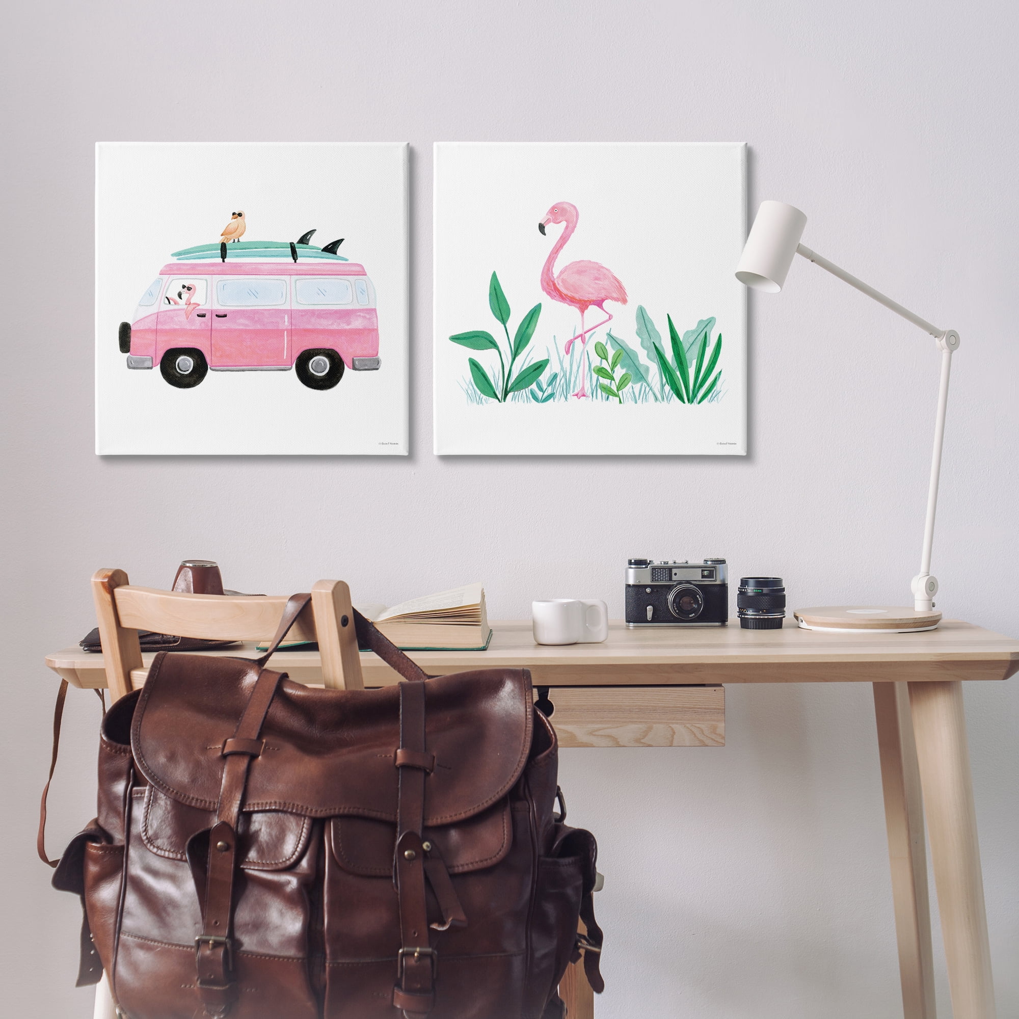 Stupell Industries Flamingos Tropical Vacation Transportation Painting Wrapped Canvas Art Print Wall Art, 24 x 24, Set of 2
