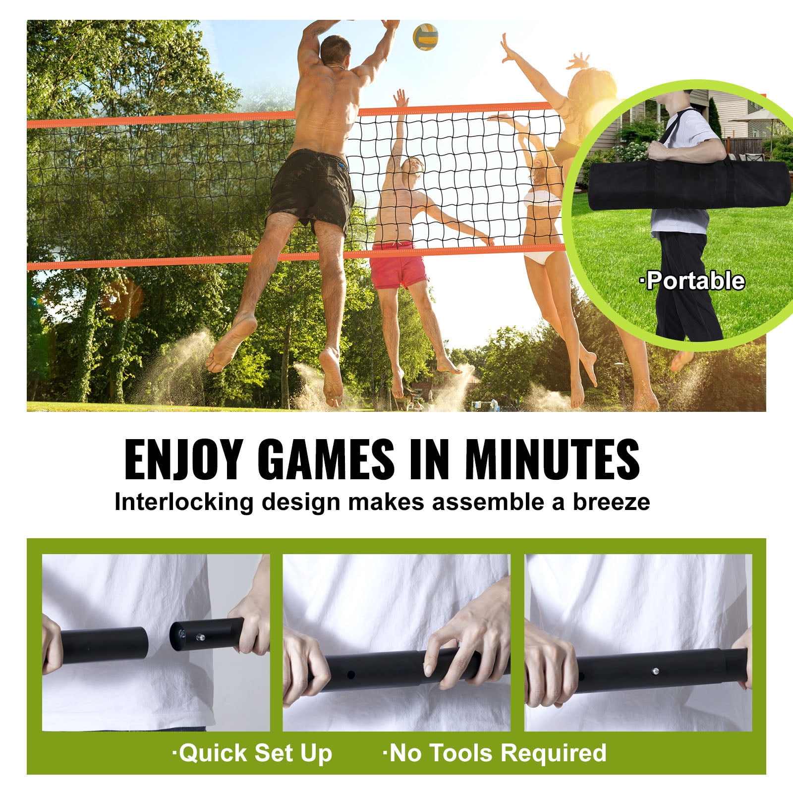 KFFKFF Portable Volleyball Net Kit, Height-Adjustable Aluminum Stands, Complete Volleyball Gear with PVC Ball, Inflation Pump, Transport Bag, Durable Net for Outdoor Use - Yard, Beach, Park