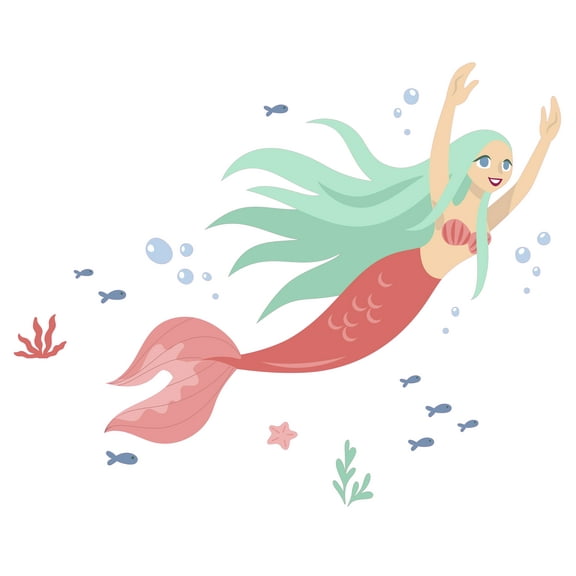 Girly Art Cartoon Style 20" x 28" Red Fin Mermaid Kids Bedroom Vinyl Wall Sticker Decoration Multicolored Panoramic Aquatic Scene Design Removable Home Art Sea Animals Wall Decal