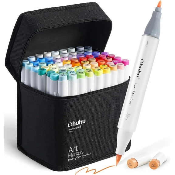 Ohuhu Alcohol Markers Brush Tip 72 Colors Fine & Brush Dual Tips - Honolulu B - Refillable Ink