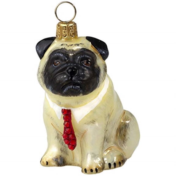 Pug Fawn with Red Crystal Tie Polish Glass Christmas Ornament