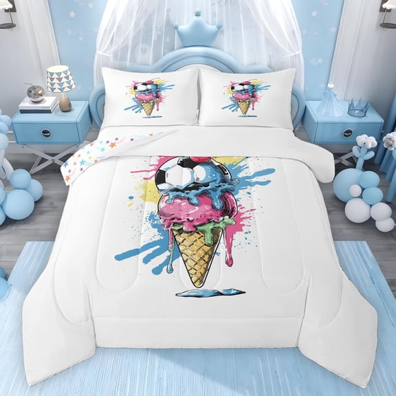 Feelyou Ice Cream Football Queen Comforter Set, Watercolor Artwork Bedding Set, 3pcs