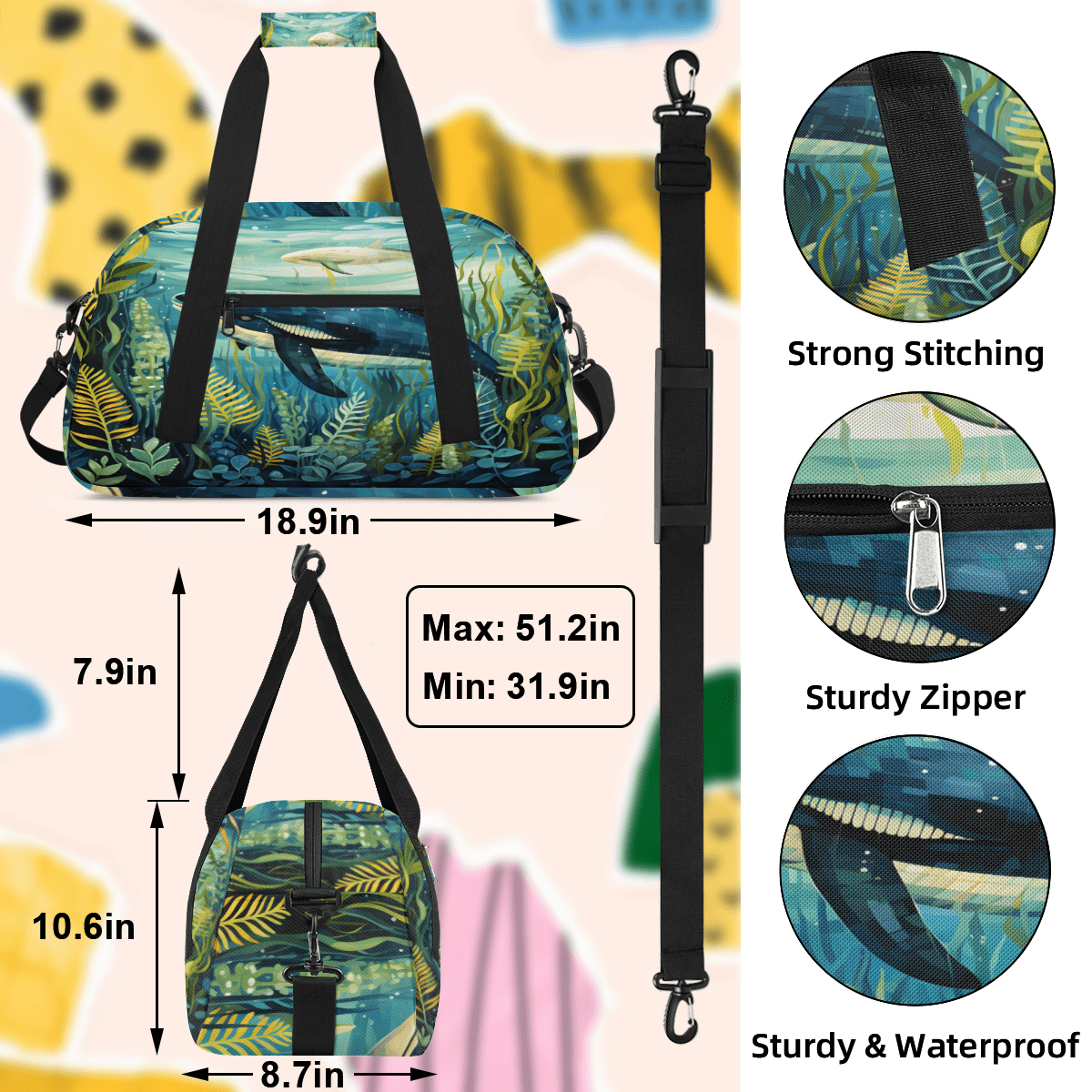 Herdesigns Dolphin Sports Duffle Bag for Women & Men, Ocean Animal Gym Bag Dance Bag Overnight Bag Carry On Weekender Travel Bag