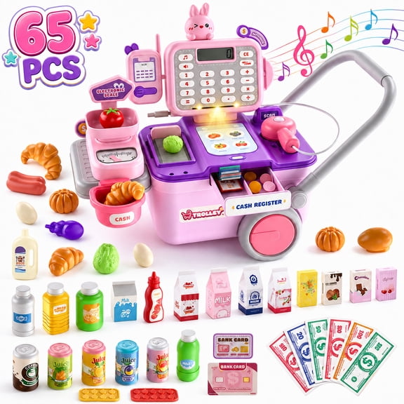 WonderStone 65pcs Cash Register for Kids, Pretend Play Store with Smart Item Recognition, Electronic Shopping Cart with Voice Reporting, Play Food & Money, Learning Toy for Toddlers 3 , Pink