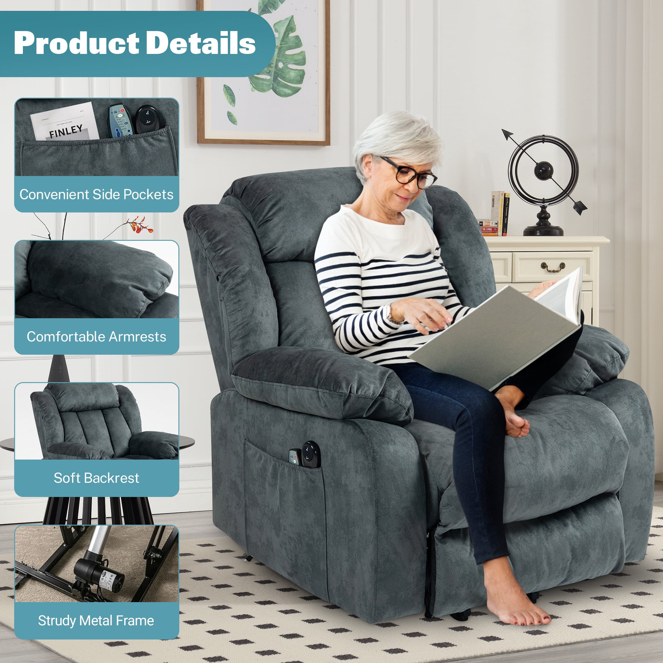 Power Lift Recliner Chair with Massage and Heat Therapy, Heavy Duty Electric Recliner for Elderly with Side Pockets, for Living Room, Bedroom, Home Theater, Grayish Blue