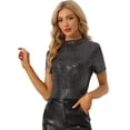 thumbnail image 1 of Camiseta con Lentejuelas para Mujer Blusa de Fiesta Brillante de Manga Corta con Cuello Alto Plata L, 1 of 5