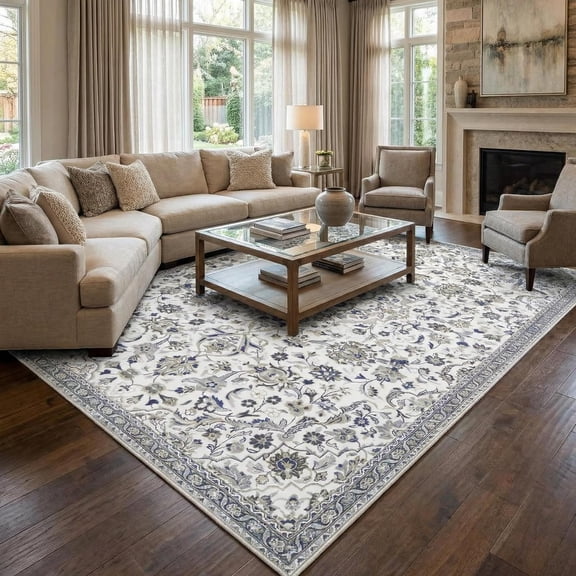 Floral 5x7 Area Rugs for Living Room Bedroom, Washable Non Slip Vintage Floor Rugs Large Low Pile Stain Resistant Indoor Farmhouse Carpet for Nursery, Distressed Home Decor Rug, Multi Color