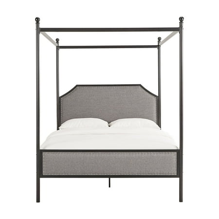 Weston Home Hazleton Black Metal Queen Canopy Bed with Grey Upholstered Headboard and Footboard